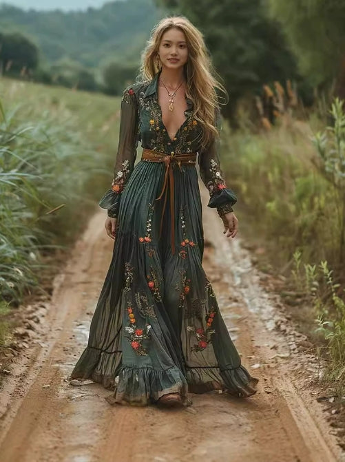 Gemustertes Gedrucktes Langärmeliges Plissiertes Kleid
