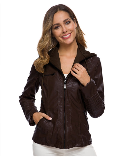 Wetterfester Damen Lederjacke Mit Kapuze